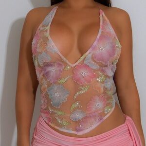 SOLD Barbie Fairy Pink Blue Green Embellished Sheer Sequin Floral Halter Top